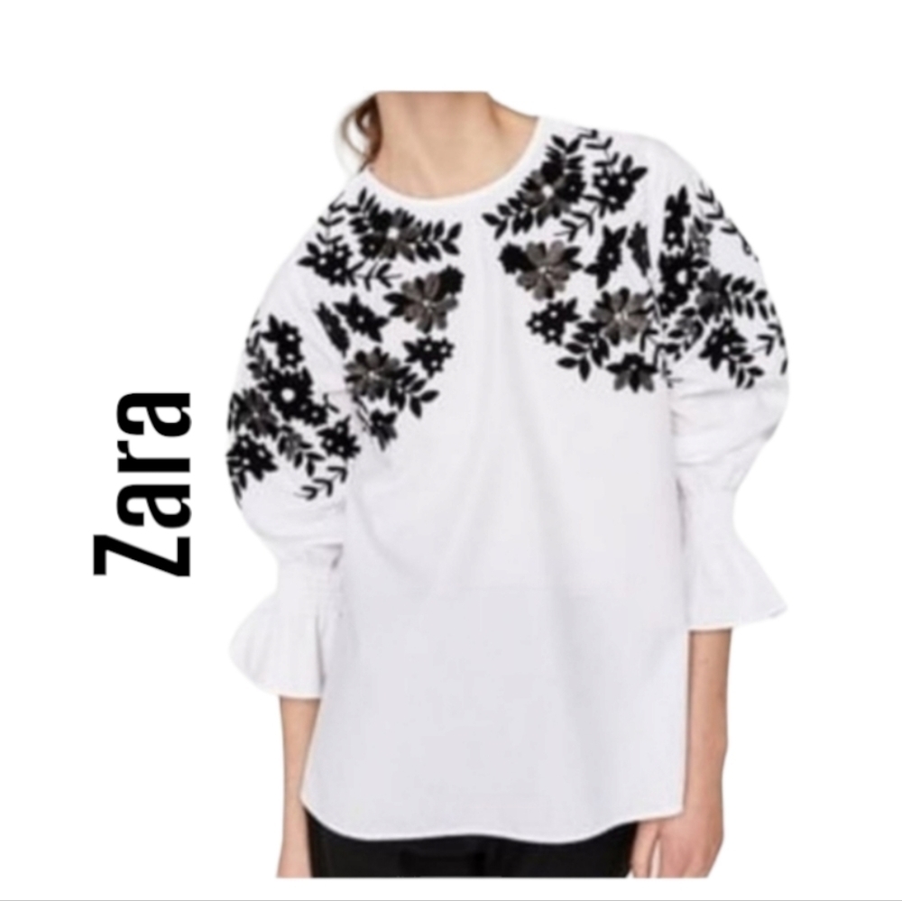 Zara Black and White Boxy Embellished Blouse